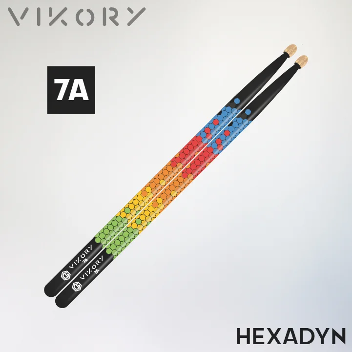 Baguettes de batterie VIKORY HEXADYN 7A sur fond gris